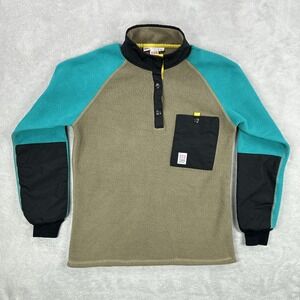 Topo Designs Sweater Mens Small Tan Teal Polartec Fleece Pullover USA